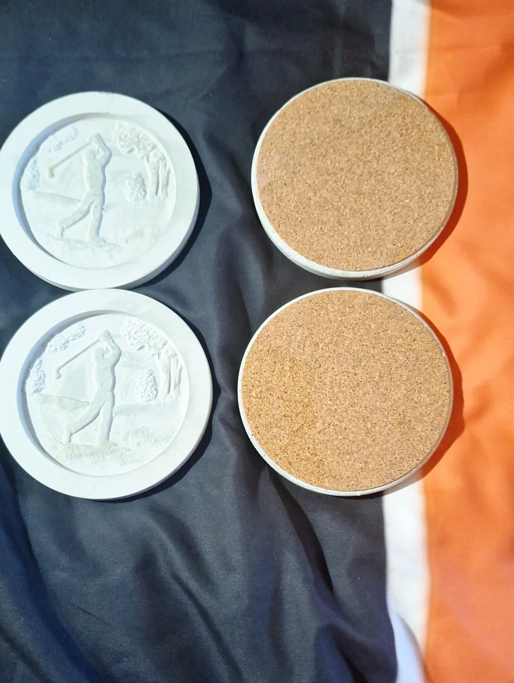 Vintage White Stone Golf Relief Coasters with Cork Backing - Set of 4